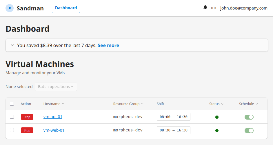 Sandman dashboard with savings summary and virtual machine list.